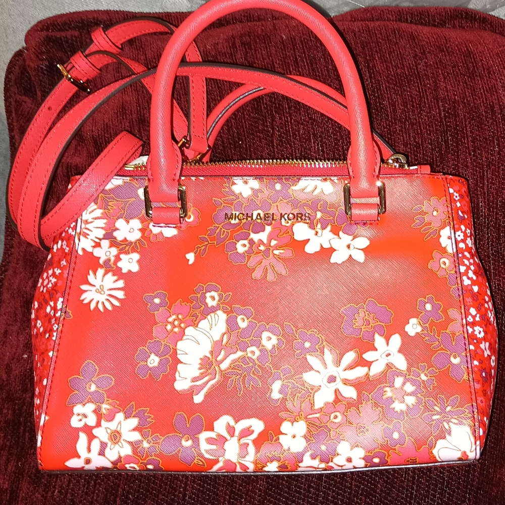 Michael Kors Red and White Floral Satchel